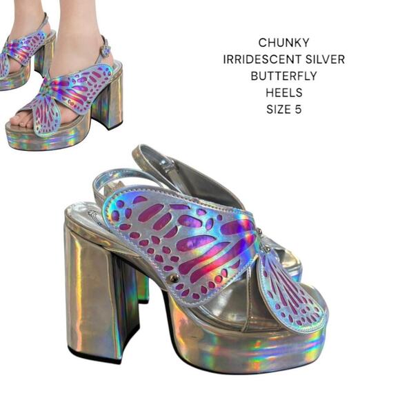 CHUNKY SILVER IRRIDESCENT BUTTERFLY SANDALS FESTIVAL HEELS SIZE 5. - Picture 1 of 8